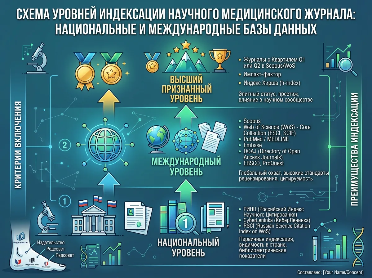 Схема уровней индексации научного медицинского журнала: национальные и международные базы данных