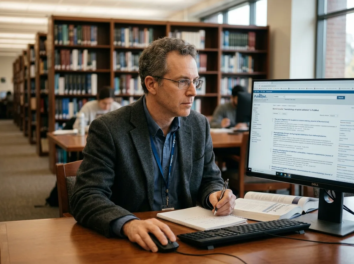 Исследователь-нарколог изучает научные статьи в базе данных PubMed на экране компьютера в медицинской библиотеке