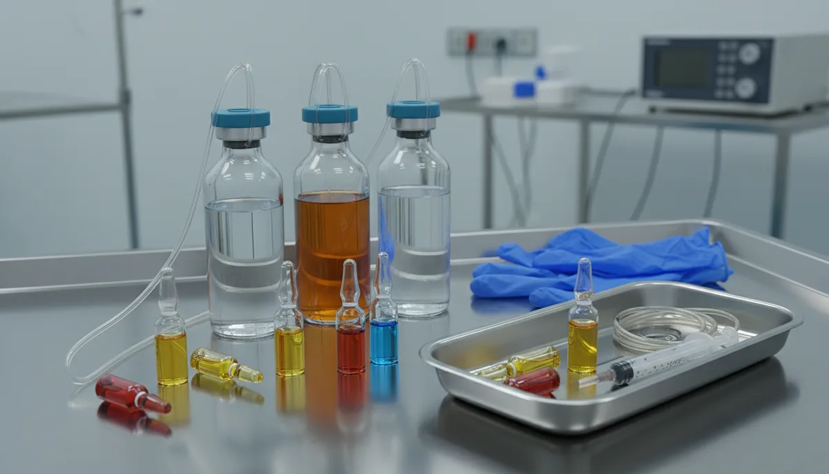 Флаконы инфузионных растворов, ампулы витаминов, перчатки, медицинский лоток на столе