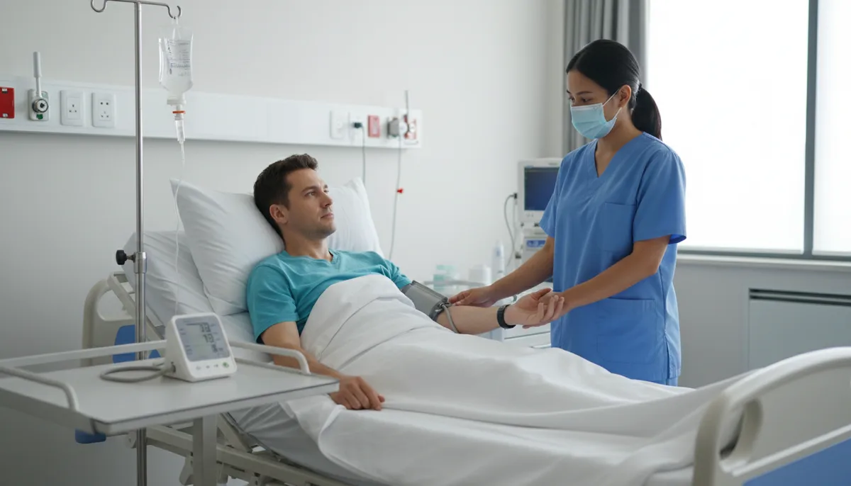 Пациент на кровати, капельница, тонометр на руке, медицинский работник рядом