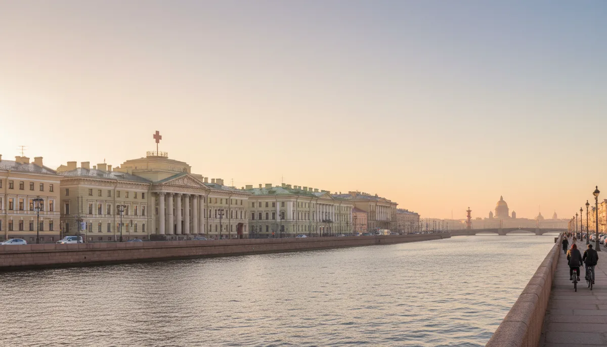 Панорама Санкт-Петербурга, городская набережная, утренний свет, медицинское здание