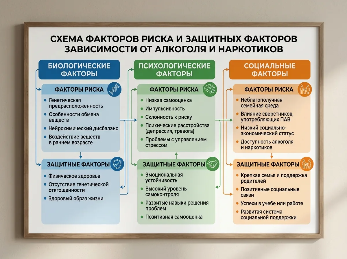 Схема факторов риска и защитных факторов зависимости от алкоголя и наркотиков: биологические, психологические и социальные