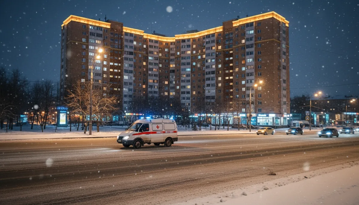 Зимний Екатеринбург, городская улица ночью, медицинский автомобиль, освещённые окна жилого дома