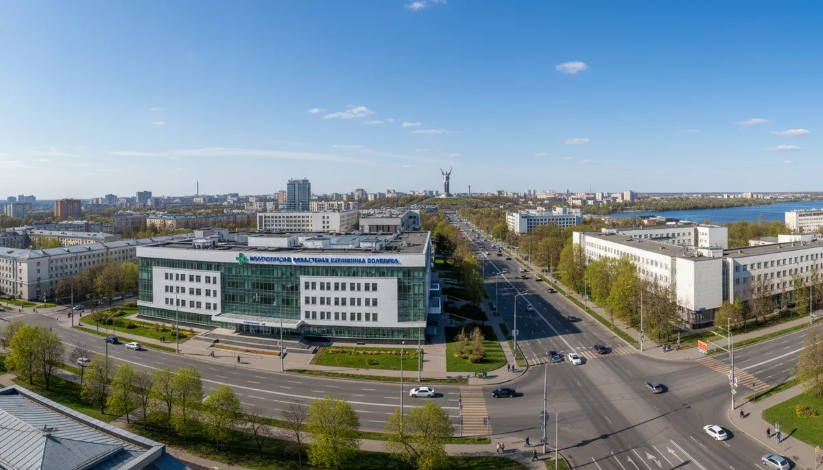 Панорамный вид Волгограда, городская улица с медицинским зданием, весенний солнечный день